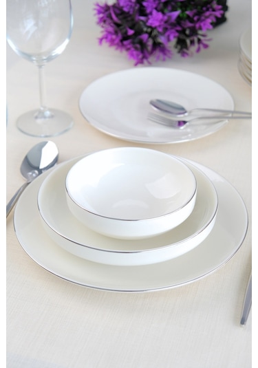 Tabak Evi Sofia Platin Porselen Yemek Takımı 24 Parça 6 Kişilik Beyaz - Gümüş