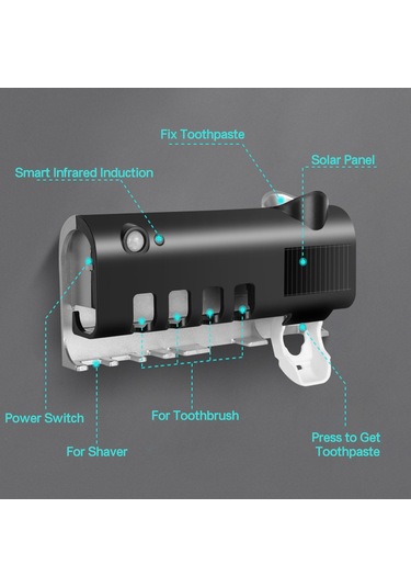 Dofolink Siyah Uv Sterilizasyonlu Akıllı Diş Fırçası Rafı - Deliksiz Duvar Montajlı Otomatik Macun Dağıtıcı Siyah