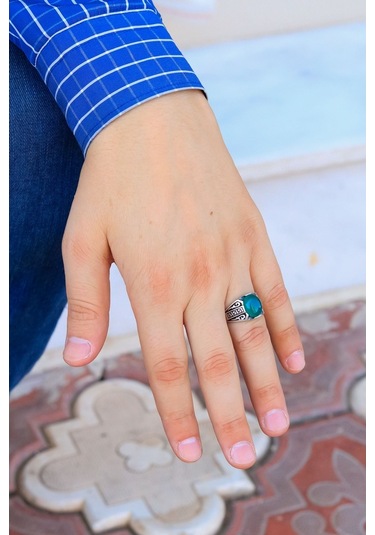 Babil Işlemeli Akik Taşlı Erkek Gümüş Yüzük - 555005686