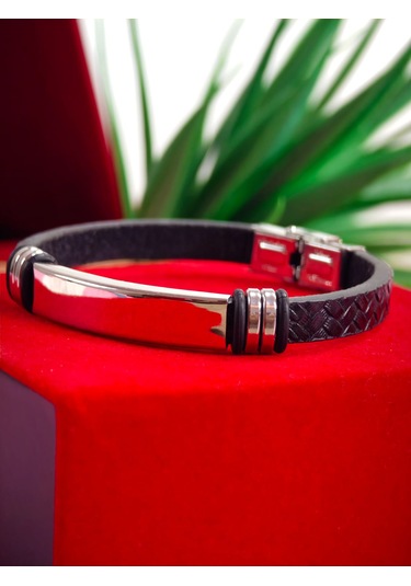 Çelik Derili Bileklik Kişiye Özel İsimli Paslanmaz Derili Çelik İsimli Bileklik 316 L Çelik Altın - Siyah