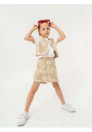 Kız Çocuk Keten Üçlü Şort Etekli Yelekli Takım-15888 Bej