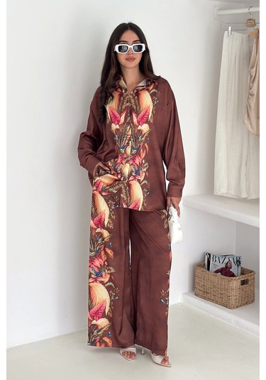 Saten Kumaş Desenli Takım Kahverengi Kahverengi