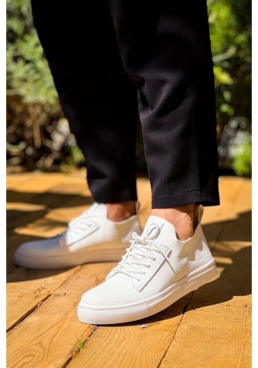 Beyaz Triko Yüksek Taban Bağcıklı Günlük Erkek Ayakkabısı Beyaz