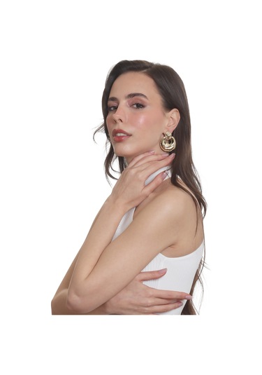 Labalaba Kadın Yaprak Dokulu Çivili Model Çanta Formlu Küpe - Altın Antrasit