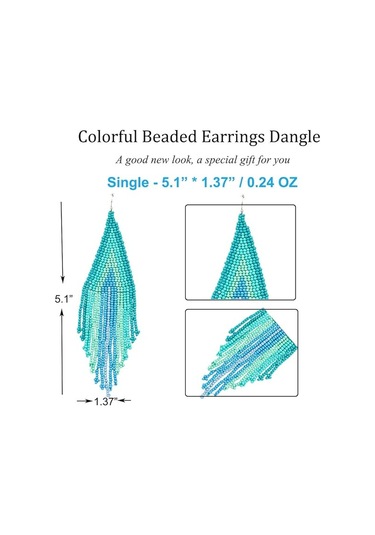 Uzun Boncuklu Püskül Küpeler - Çizgili Bohem Saçaklı Sarkan Küpe Mavi