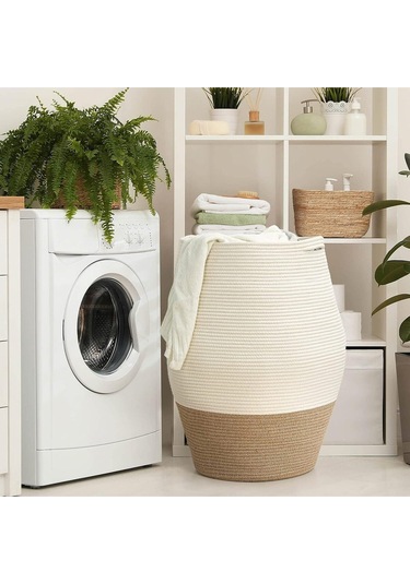 Themis Çamaşır Sepeti, Kirli Elbise Sepeti, Hasır Pamuk Halat Uzun Çamaşır Sepeti, Ev Dekoru Beyazjüt