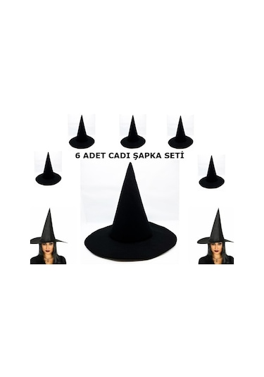 Siyah Cadı Şapkası Keçe Yetişkin Boy 6 Adet Çok Renkli