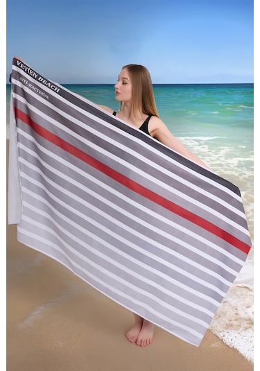 Çizgili Dijital Baskılı 100x180 Cm Plaj Havlusu Plaj Çantası+bon Antrasit