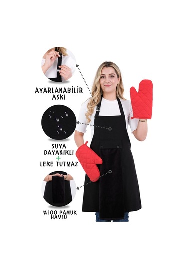 Star Ayar Askılı Havlulu 4lü Mutfak Önlüğü Seti 2 Eldiven Siyah-siyah-kırmızı