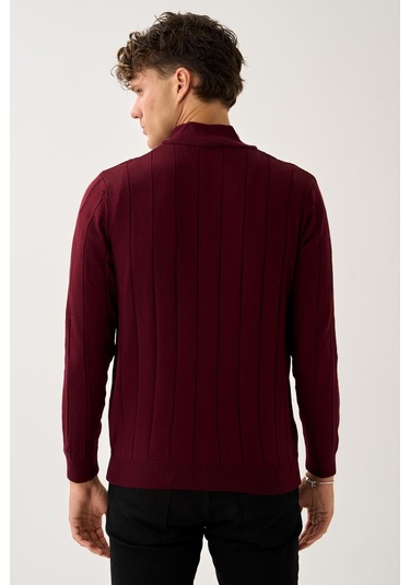 Dikey Dokuma Desenli Fermuarlı Triko Kazak Bordo