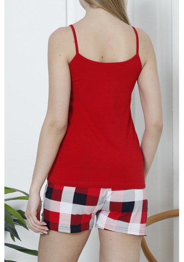 Kadın Şortlu Pijama Takımı İp Askılı Pamuklu Likralı Cepli Kırmızı Nıc1073 R02 Kırmızı