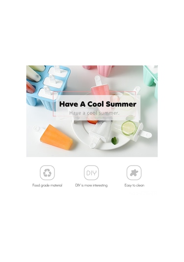 Fosenze Mavi Silikon Dondurma Kalıbı, Uzun Kollü, Bağımsız Kapaklı, 6 Bölmeli Buz Çubuğu Yapıcı Mavi