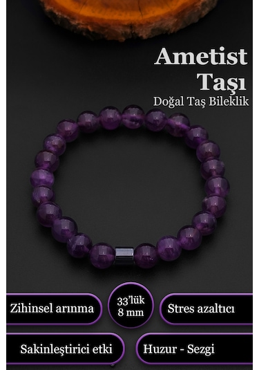 Ametist Bileklik Kadın Erkek Doğal Taş Bileklik 8 Mm Bt024 Mor