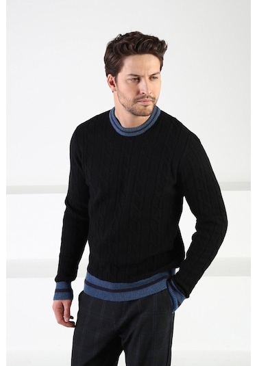 Ferraro Siyah/Indigo Bisiklet Yaka %100 Kuzu Yünü Erkek Kazak Siyah Indigo İndigo - Siyah