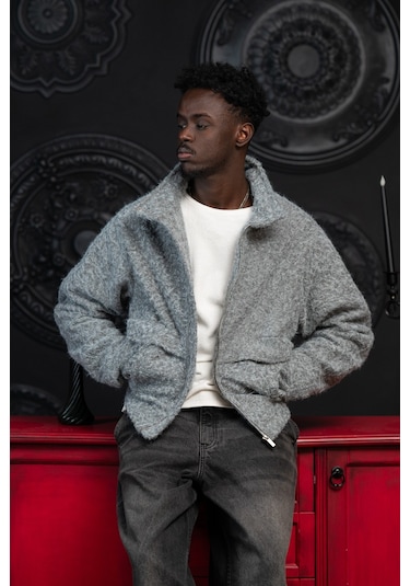 Oversize Crop Model Yan Cepli Astarlı Kırçıllı Mont Gri