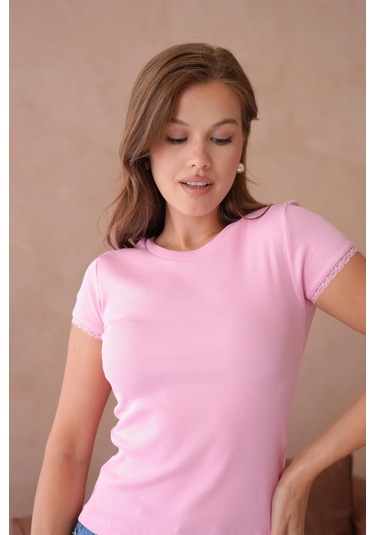 Dantel Detaylı Örme Body Bluz Pembe