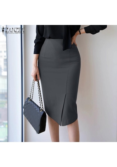 Siyah Zanzea Bayan Günlük Yüksek Bel Yırtmaçlı Kalem Etekler Siyah