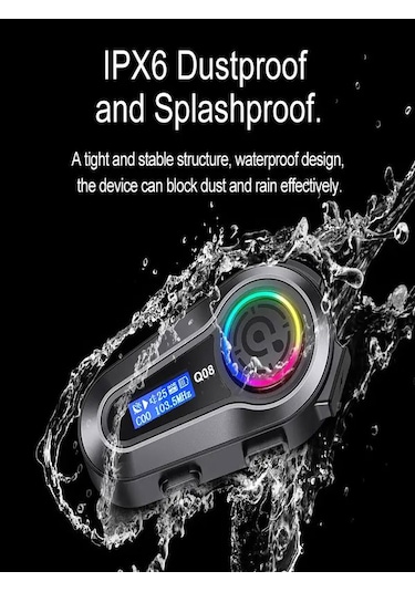 Q008 Lcd Fm Radio Eq Ses Ipx6 Su Geçirmez Rgb Işıklı Bluetooth Motosiklet Kask Kulaklığı