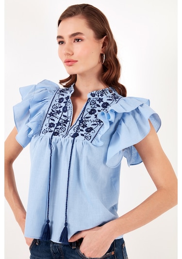 Lela Pamuklu Regular Fit Nakış Işlemeli Bayan Bluz 611Bz0253 Mavi