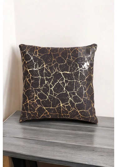 Altın Varak Desenli Dekorafit Tekli Kırlent Kılıfı 42x42 Cm Şık Ve Zarif Tasarım Siyah - Altın Varaklı