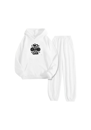 Beyaz Eşofman Takımı No Pain No Gain Baskılı, Kapüşonlu Sweatshirt Ve Jogger Pantolon Beyaz