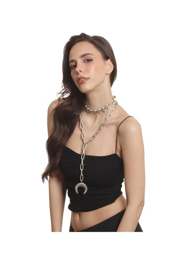 Labalaba Kadın Antik Gümüş Kaplama 2' Li Burgulu Ay Uçlu Kolye& Choker Gümüş