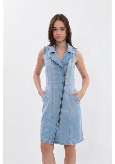 Kadın Açık Mavi Fermuarlı Jean Elbise Açık Mavi