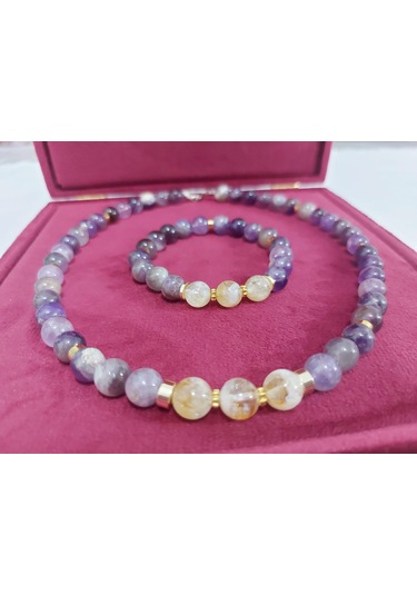 Doğal Ametist Taşı Kolye Ve Bileklik Takımı Mor