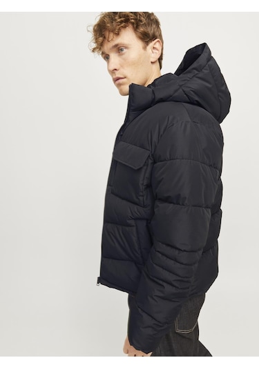 Erkek Kapüsonlu Fermuarli Puffer Mont - Build Black Siyah