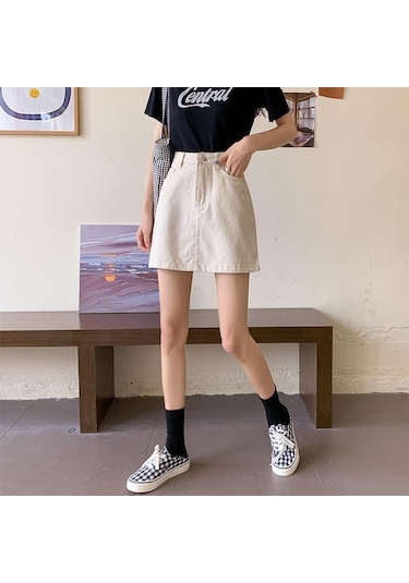 Yaz Yüksek Bel A Hattı Düğmeli Kot Etek Mini Siyah Beyaz Slim Fit Kot Etek Beyaz