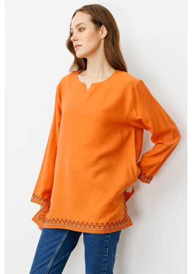 Kadın Kolu Ve Eteği Yırtmaçlı Eteği Nakışlı Bluz Turuncu Turuncu