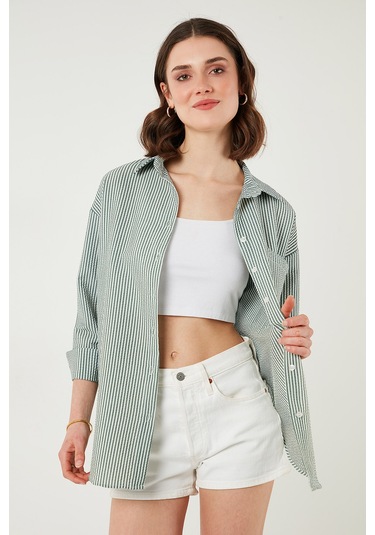 Lela Regular Fit Uzun Kollu Cepli Çizgili Bayan Gömlek 6772895 Yeşil