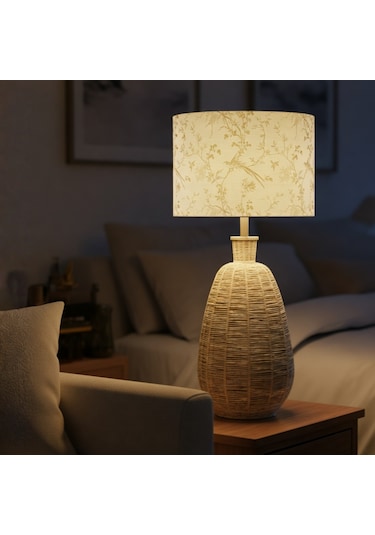 Vanya Bej Gövde Baskılı Krem Başlık Rattan Dekoratif Abajur Bej