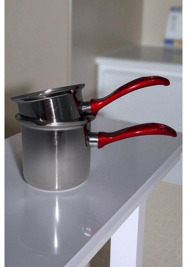 2'li Set Paslanmaz Çelik Cezve Kırmızı Kulplu 12cm