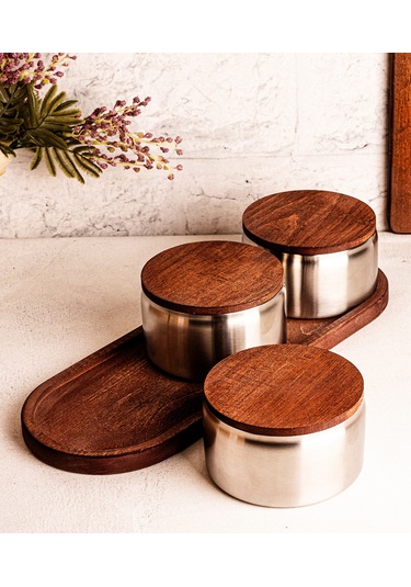 Steel&More Ahşap Kapak Çelik Çerezlik 7 Parça Sızdırmaz Saklama Kabı 12cm Gri