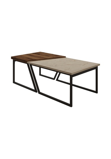 Verona İkili Orta Sehpa Modern Tasarım Metal Ayaklı Sehpa Seti Traverten/antik Ceviz