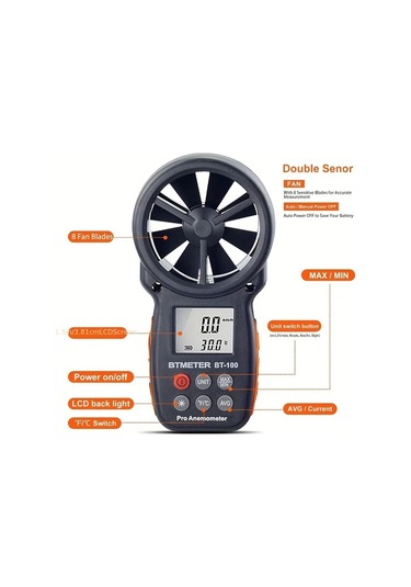 Boatshop1 Bt 100 Siyah Dijital El Tipi Anemometre Ruzgar Hizi Olcumu Sicaklik Ve Ruzgar Sogutma Arka Işıklı Lcd Ekran
