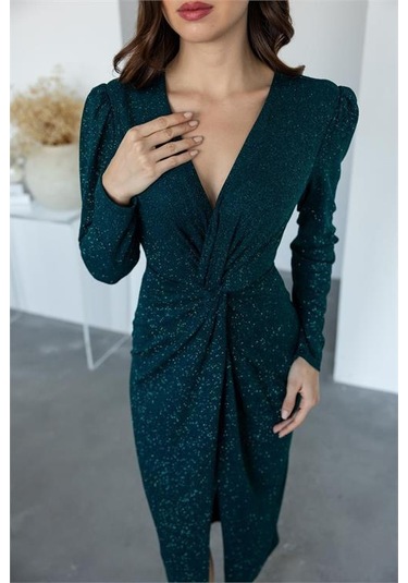 Kadın Büzgü Detaylı Simli Gece Elbisesi Dpnbmy3633 Yeşil