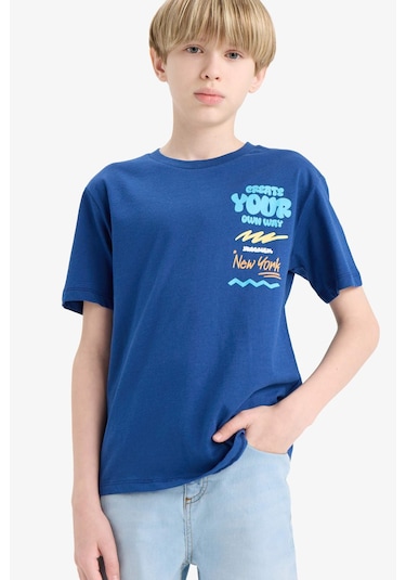 Defacto Erkek Çocuk Bisiklet Yaka Baskılı Kısa Kollu Tişört F0179a825smın176 İndigo