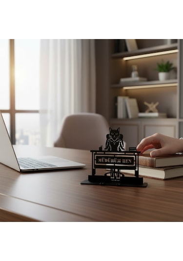 Müdürüm Ben Yazılı Kedi Figürlü Metal Masaüstü Dekor
