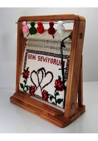 100tel Seni Seviyorum Motifli El Dokuması Hediyelik Minyatür Halı Çok Renkli