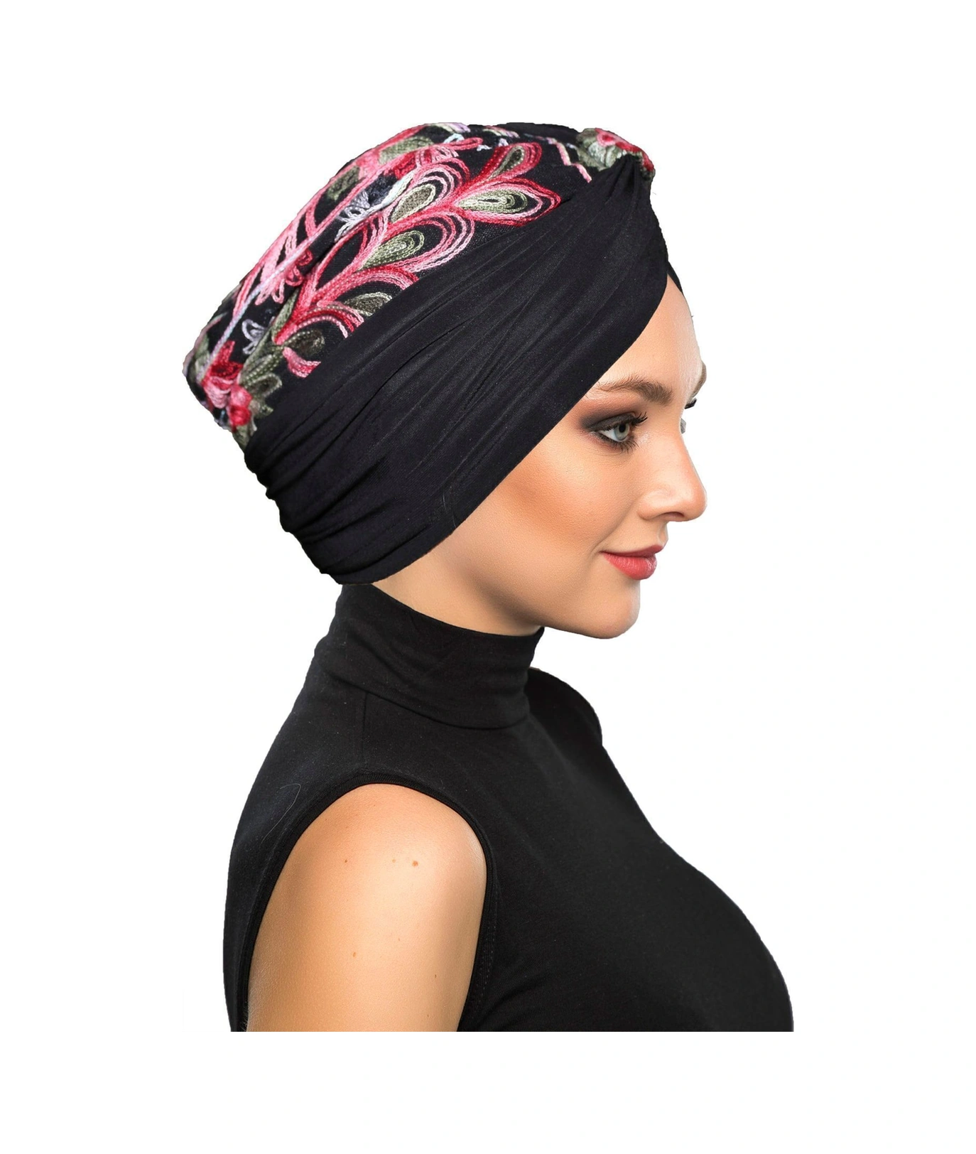 Otantik Nakış Motifli Astarlı Hazır Türban Tesettür Bone Siyah Motif 8