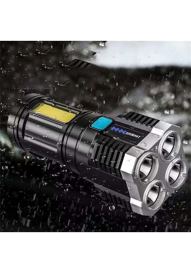 Yfashion Dört Çekirdekli El Feneri Güçlü Işık Şarj Edilebilir Süper Parlak Dış Mekan Çok Fonksiyonlu Led Uzun Menzilli Işık Siyah