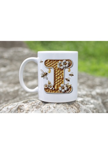 I Harfi Bal Arısı Tasarım Kupa Bardak - Bal Ve Petek Desenli Kişiye Özel Kahve Kupası - Hediyelik Beyaz