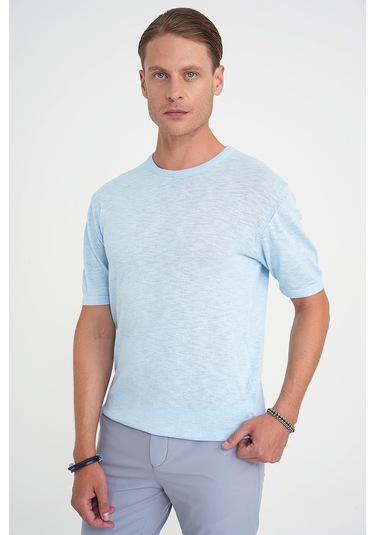 Comfort Fit Bisiklet Yaka Kısa Kol Spor Mavi Triko Tr 881 Mavi