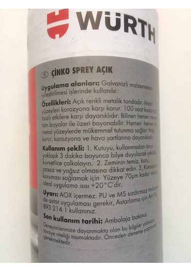 Würth Çinko Renk Sprey Boya Çinko Açık Renkli 400 ML  Germany