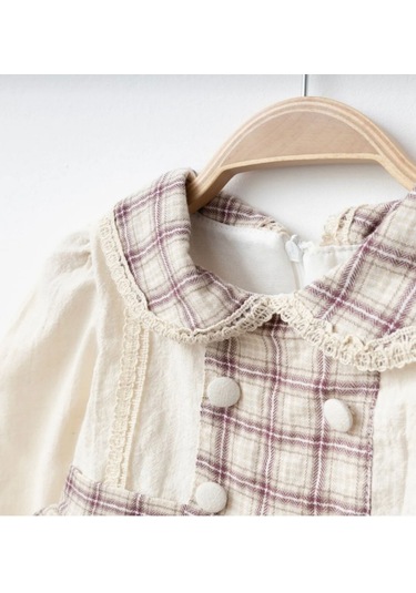 Düğme Detaylı Kareli Kız Bebe Elbise Açık Bej