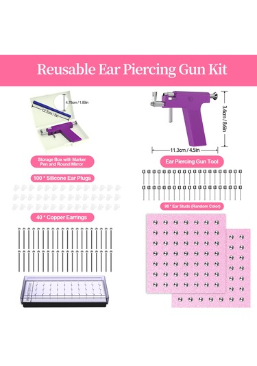 Qingmipy Profesyonel Kulak Delme Seti Mor - Güvenli Ve Kolay Kullanım, 1 Kulak Delme Aleti + Ayna Kutusu + İşaret Kalemi + 138 Adet Pırlanta Ve Silikon Tıkamaçlar