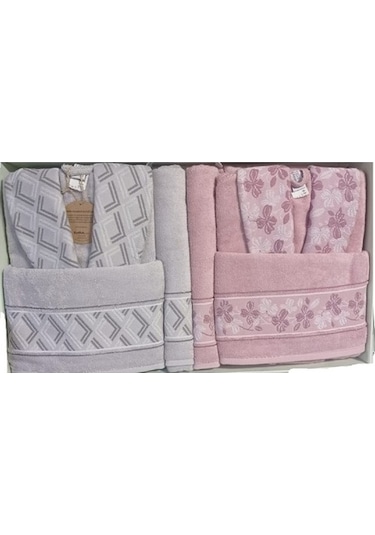 Özdilek Fiore Line Gri Pembe Bambu Aile Bornoz Seti Gri - Pembe