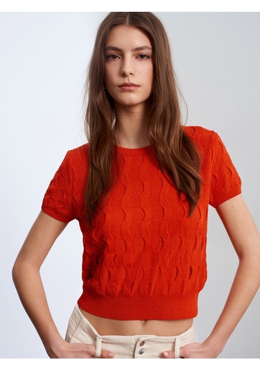 Dilvin 10788 Bisiklet Yaka Dokulu Triko Bluz-oranj Oranj